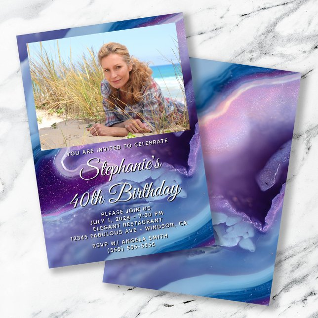 Invitación Blue Purple Agate Geode Photo Border 40 cumpleaños (Blue Purple Agate Geode Photo Border 40th Birthday Invitation)