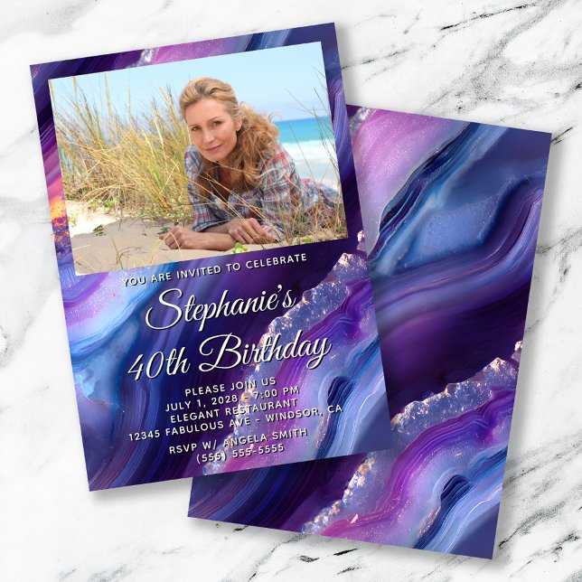 Invitación Blue Purple Agate Photo Border 40 cumpleaños (Blue Purple Agate Photo Border 40th Birthday Invitation)