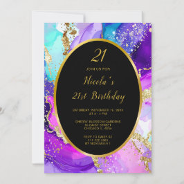 Invitación Blue, Purple and Gold Ink Birthday Party