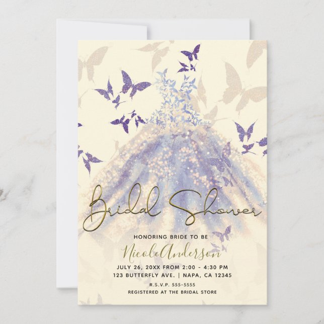Invitación Blue Purple Butterfly Dance Vress Brilla Shower (Anverso)