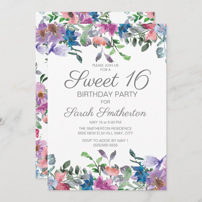 Invitación Blue Purple Floral Sweet 16 Cumpleaños Party (Anverso / Reverso)