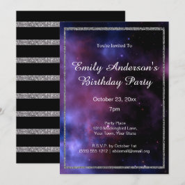 Invitación Blue Purple Galaxy Silver Cumpleaños