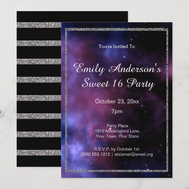 Invitación Blue Purple Galaxy Silver Sweet 16 Cumpleaños (Anverso / Reverso)