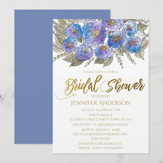 Invitación Blue Purple Gold Rosa Floral Bouquet Bridal Shower (Anverso / Reverso)