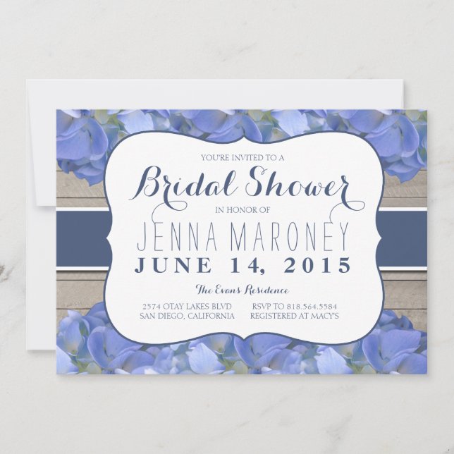 Invitación Blue Purple Hydrangea Wood Bridal Shower (Anverso)
