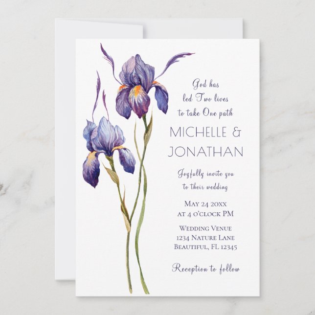 Invitación Blue Purple Iris Boda cristiana floral moderna (Anverso)