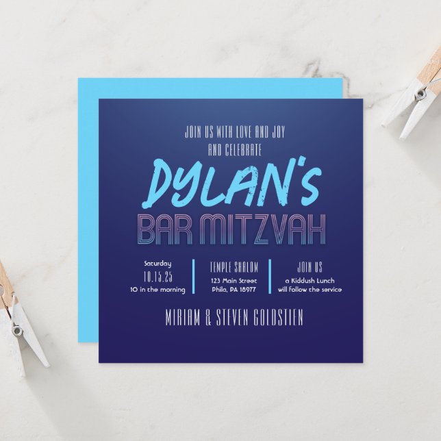 Invitación Blue & Purple Neon Bat Bar Mitzvah Fiesta (Anverso/Reverso In Situ)