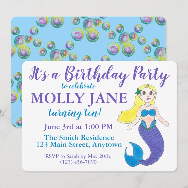 Invitación Blue Purple Ocean Mermaid Bubbles fiesta de cumple (Anverso / Reverso)