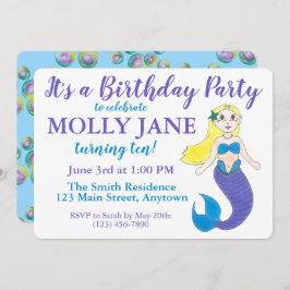 Invitación Blue Purple Ocean Mermaid Bubbles fiesta de cumple