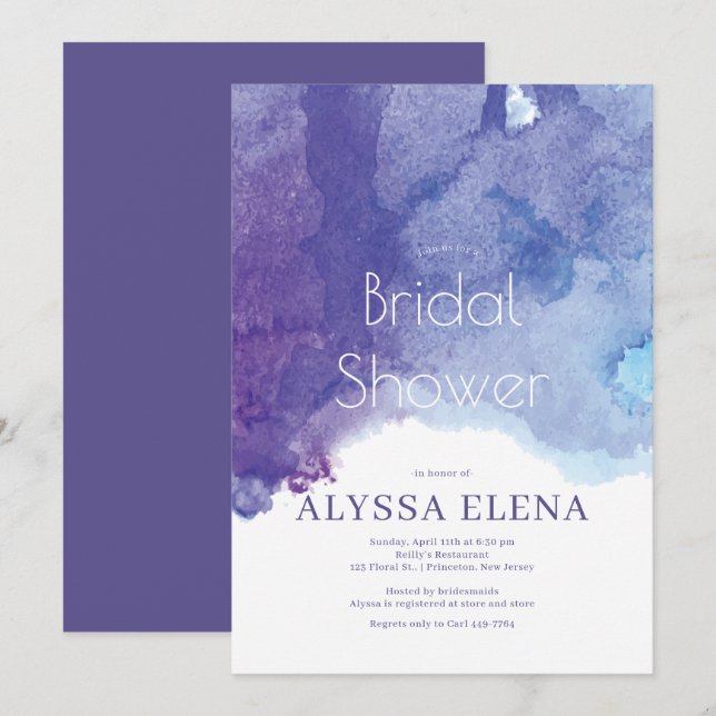 Invitación Blue Purple Watercolor Beach Bridal Shower © (Anverso / Reverso)