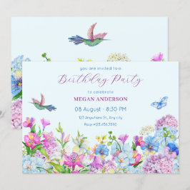 Invitación Blue Purple Watercolor Flor cumpleaños