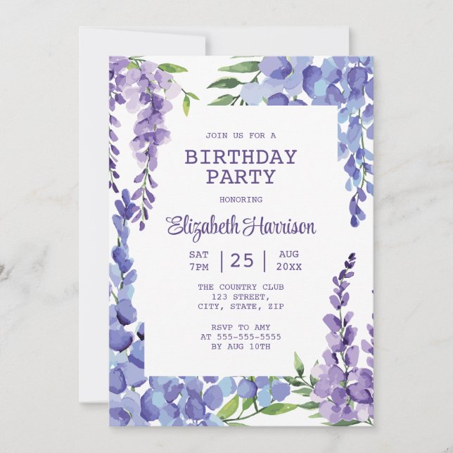 Invitación Blue Purple Wisteria fiesta de cumpleaños floral (Anverso)