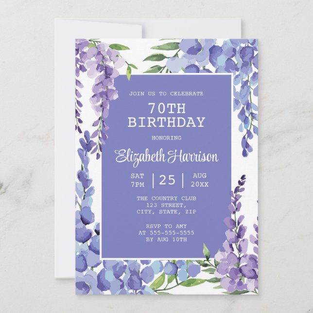 Invitación Blue Purple Wisteria Floral 70 cumpleaños (Anverso)