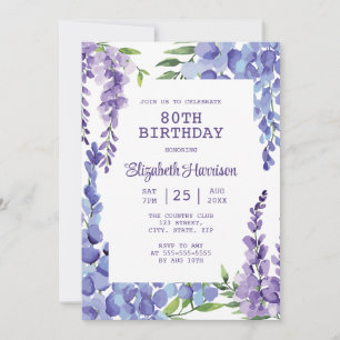 Invitación Blue Purple Wisteria Floral 80 cumpleaños