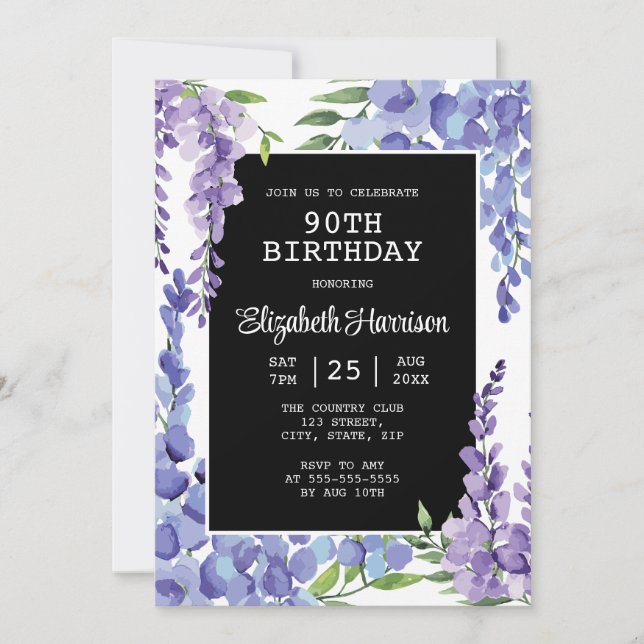 Invitación Blue Purple Wisteria Floral 90 cumpleaños (Anverso)