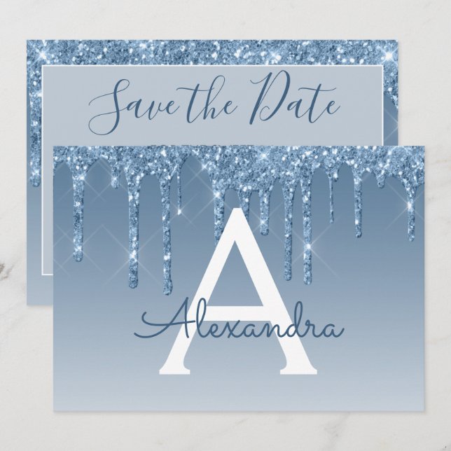 Invitación Blue Purpurina Sweet 16 Save the Date (Anverso / Reverso)