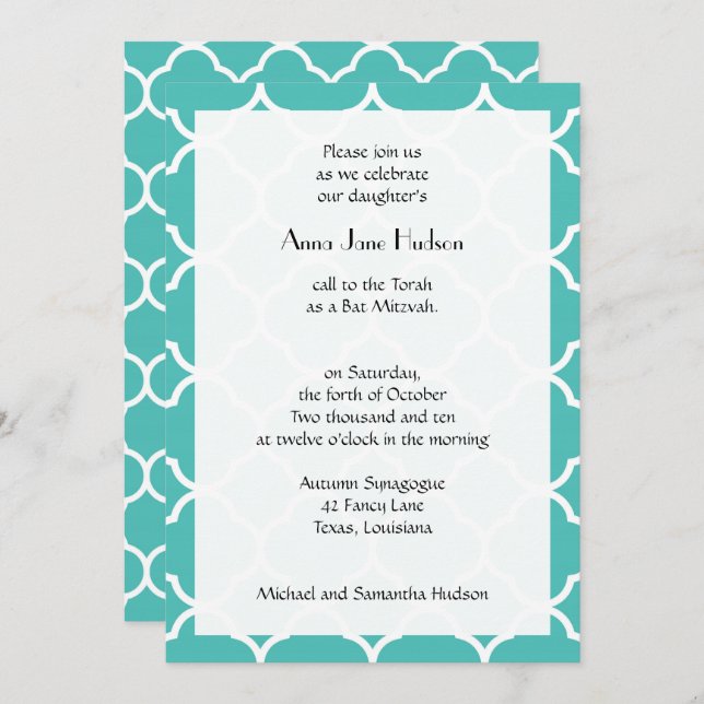 Invitación Blue Quatrefoil, Moroccan Trellis, Bat Mitzvah (Anverso / Reverso)