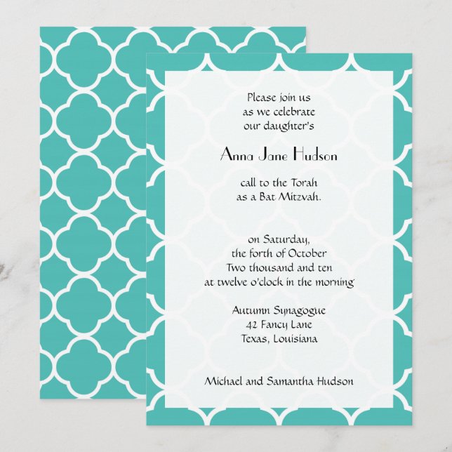 Invitación Blue Quatrefoil, Moroccan Trellis, Bat Mitzvah (Anverso / Reverso)