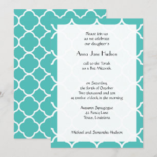 Invitación Blue Quatrefoil, Moroccan Trellis, Bat Mitzvah