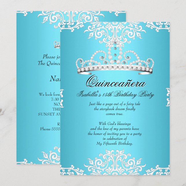 Invitación Blue Quinceanera 15th Birthday Party Tiara 3 (Anverso / Reverso)
