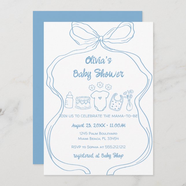 Invitación Blue Quirky Hand Drawavy Bow Boy Baby Shower (Anverso / Reverso)