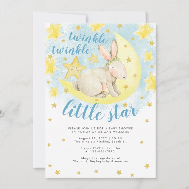 Invitación Blue Rabbit Gold Twinkle Little Star Baby Shower (Anverso)