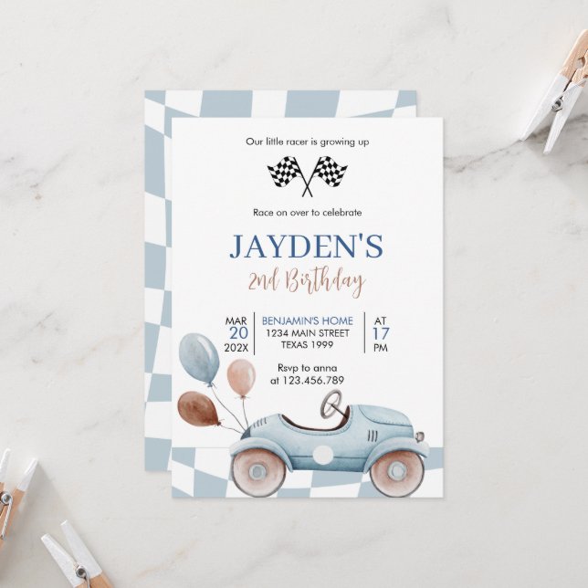 Invitación Blue Race Car 2ª Carreras Dos Cumpleaños Rápido (Anverso/Reverso In Situ)