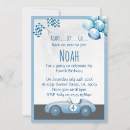 Invitación Blue Race Car 4th Birthday Party Invitation