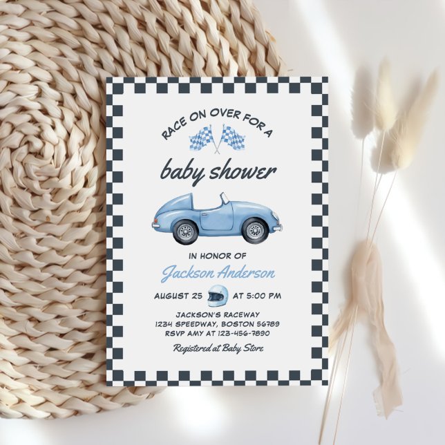 Invitación Blue Race Car Boy Baby Shower (Subido por el creador)