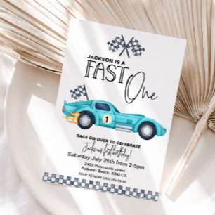 Invitación Blue Race car FAST ONE 1er cumpleaños acuarela