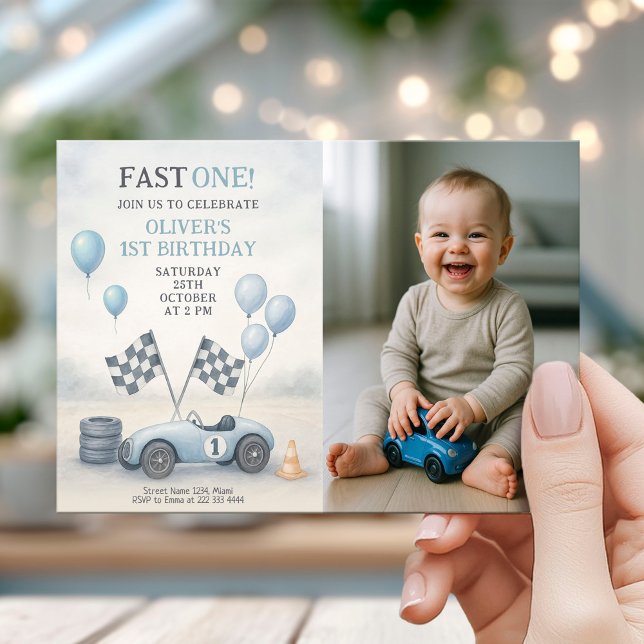 Invitación Blue Race Car First Birthday Photo (Subido por el creador)