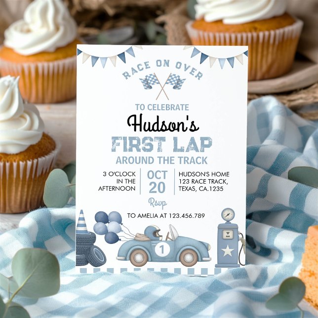 Invitación Blue Race Car First Lap Around The Track Birthday (Subido por el creador)