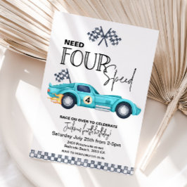 Invitación Blue Race Car, Need FOUR speed 4th Birthday