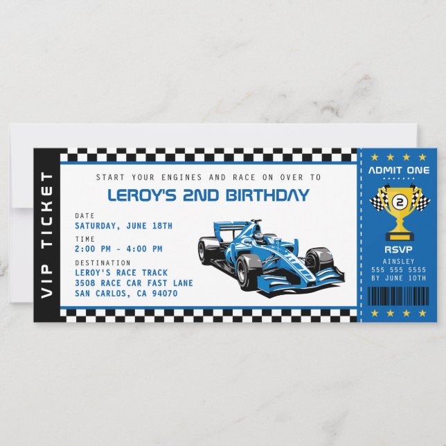 Invitación Blue Race Car Ticket Pass Boy Birday Party (Anverso)