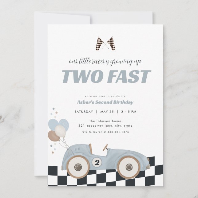 Invitación Blue Race Car Two Fast Second Birthday Invite  (Anverso)