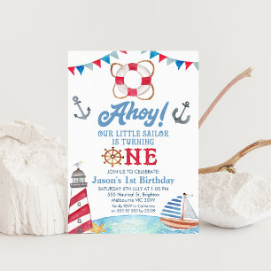 Invitación Blue Red Ahoy Nuestro Pequeño marinero 1er cumplea