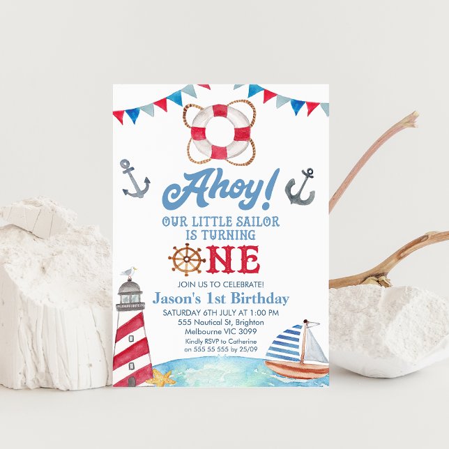 Invitación Blue Red Ahoy Nuestro Pequeño marinero 1er cumplea (Boys Nautical First Birthday Invitation, Sailboat, Ahoy Our Little Sailor Invite, Lighthouse)