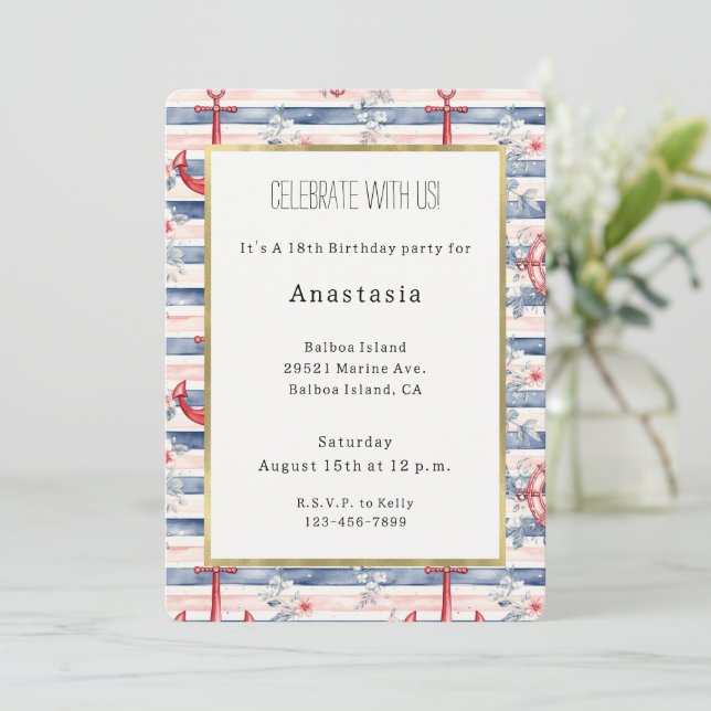 Invitación Blue Red Anchors Floral Stripes Beach Birthday (Anverso de pie)