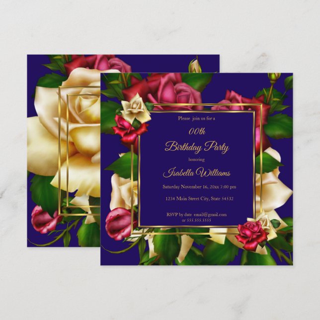 Invitación Blue Red crema Rosa floral Gold Birday Party (Anverso / Reverso)