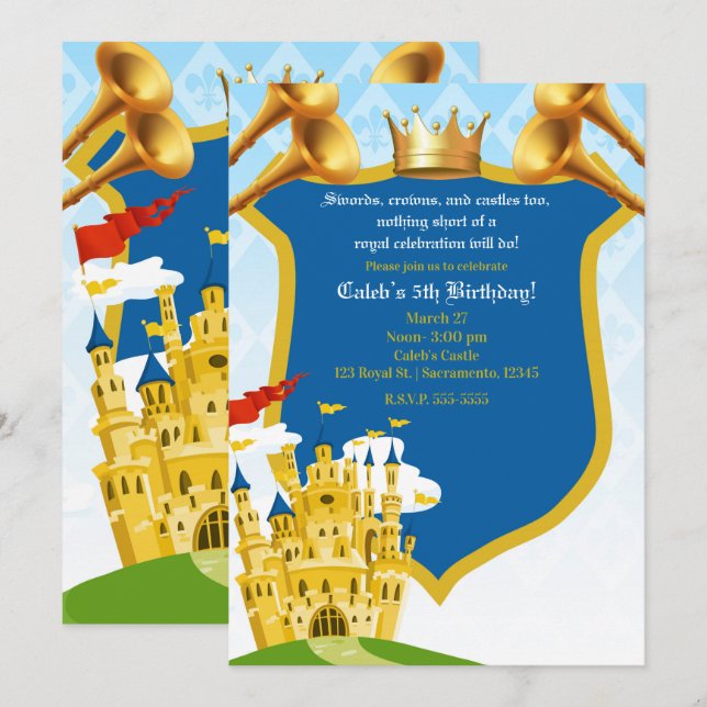 Invitación Blue Red Gold Royal Prince Castle Fiesta de cumple (Anverso / Reverso)