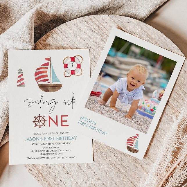 Invitación Blue Red Photo Nautical Sail Boat 1er cumpleaños (Sweet nautical themed sailing into one 1st birthday invitation with a photo on the back.)