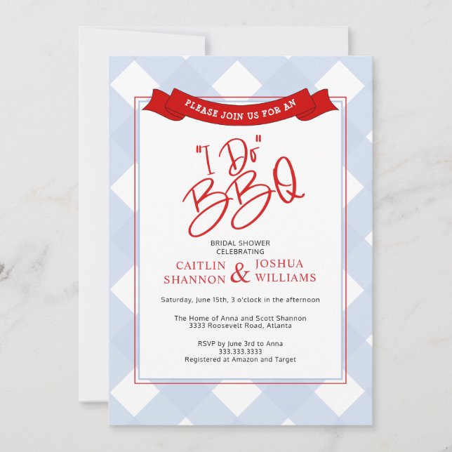 Invitación Blue Red Plaid I Do BBQ Brillante Shower (Anverso)