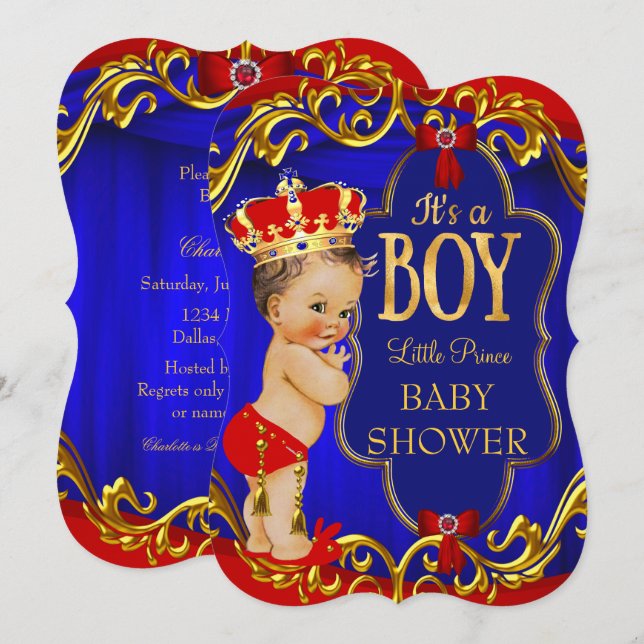 Invitación Blue Red Royal Boy Prince Baby Shower (Anverso / Reverso)