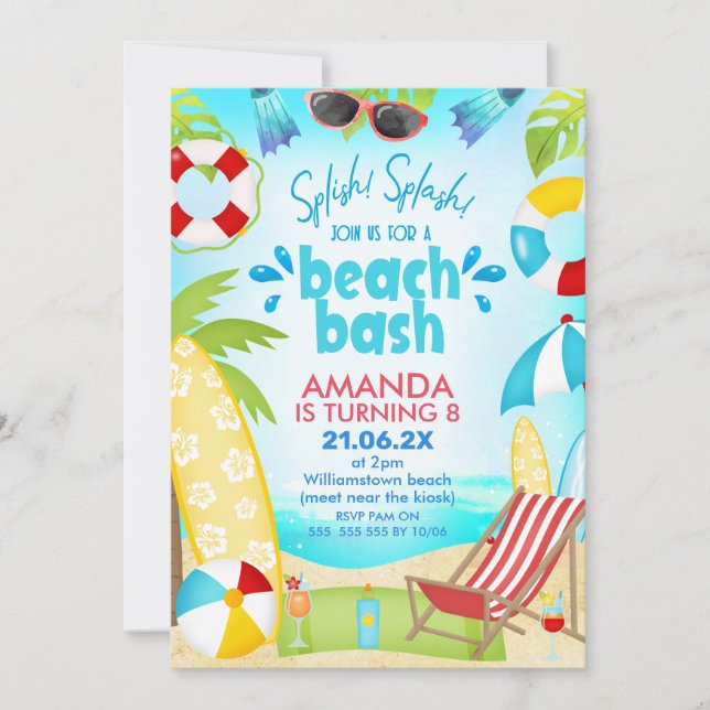 Invitación Blue Red Summer Beach Bash Birday (Anverso)