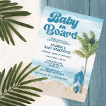 Invitación Blue Retro Baby On Board Surf Baby Shower<br><div class="desc">Este Baby Shower Invitation de Blue Retro Baby On Board es perfecto para una playa o una ducha de bebé con temática de surf. El diseño de la playa y de la tabla de color azul acuático crea el escenario para un ambiente tropical.</div>