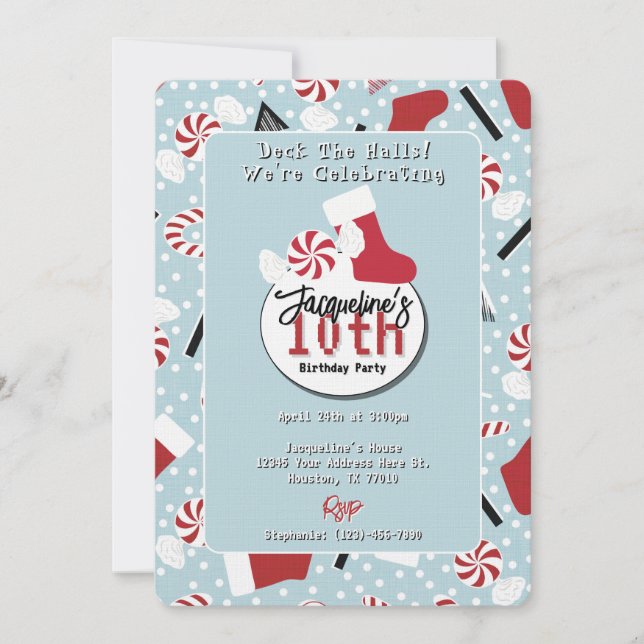 Invitación Blue Retro Christmas Peppermint Birthday (Anverso)