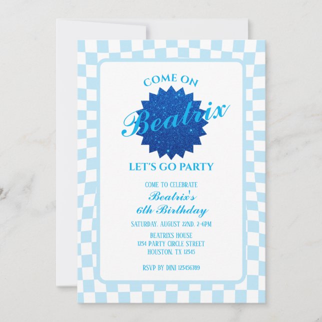 Invitación Blue Retro Doll Birthday (Anverso)