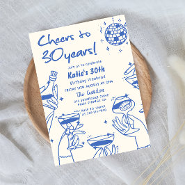 Invitación Blue Retro Hand Drawn Funky 30 cumpleaños