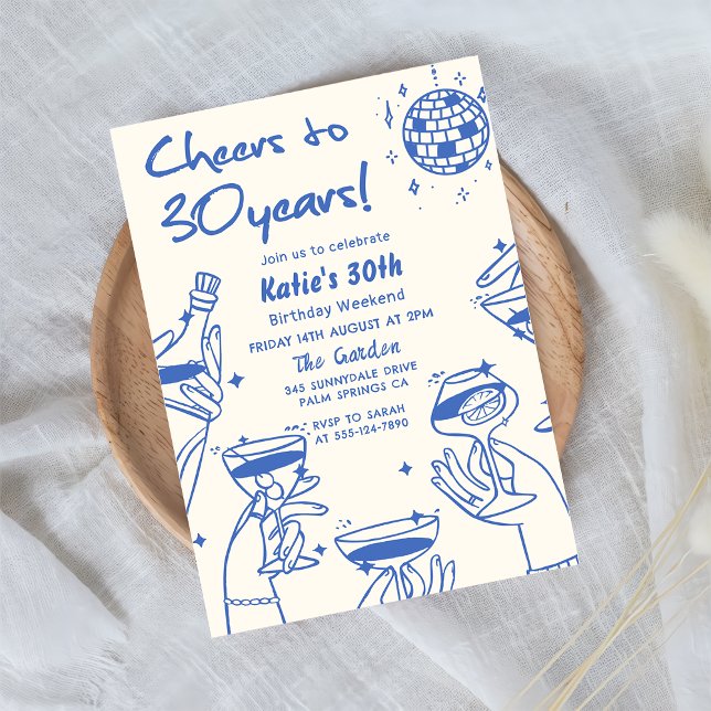 Invitación Blue Retro Hand Drawn Funky 30 cumpleaños (Subido por el creador)