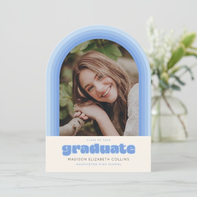 Invitación Blue Retro Striped Arch Graduation Announcement (Anverso de pie)